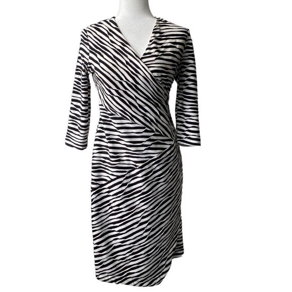 Chico’s Stripe Print Surplice Wrap Neck Black White Sheath Dress - Picture 1 of 15